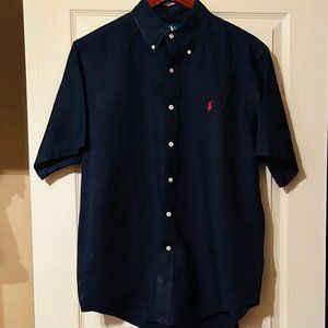 Polo Ralph Lauren Men's Size Large Short Sleeve Shirt 100% Linen Navy Blue